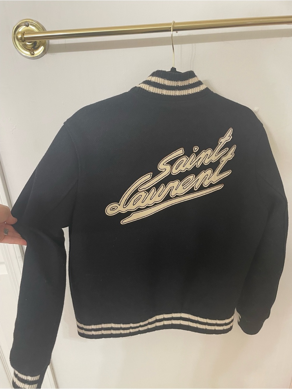 Saint Laurent Black Wool Varsity Jacket with Cream Stripes TEDDY COLLEGE JACKET